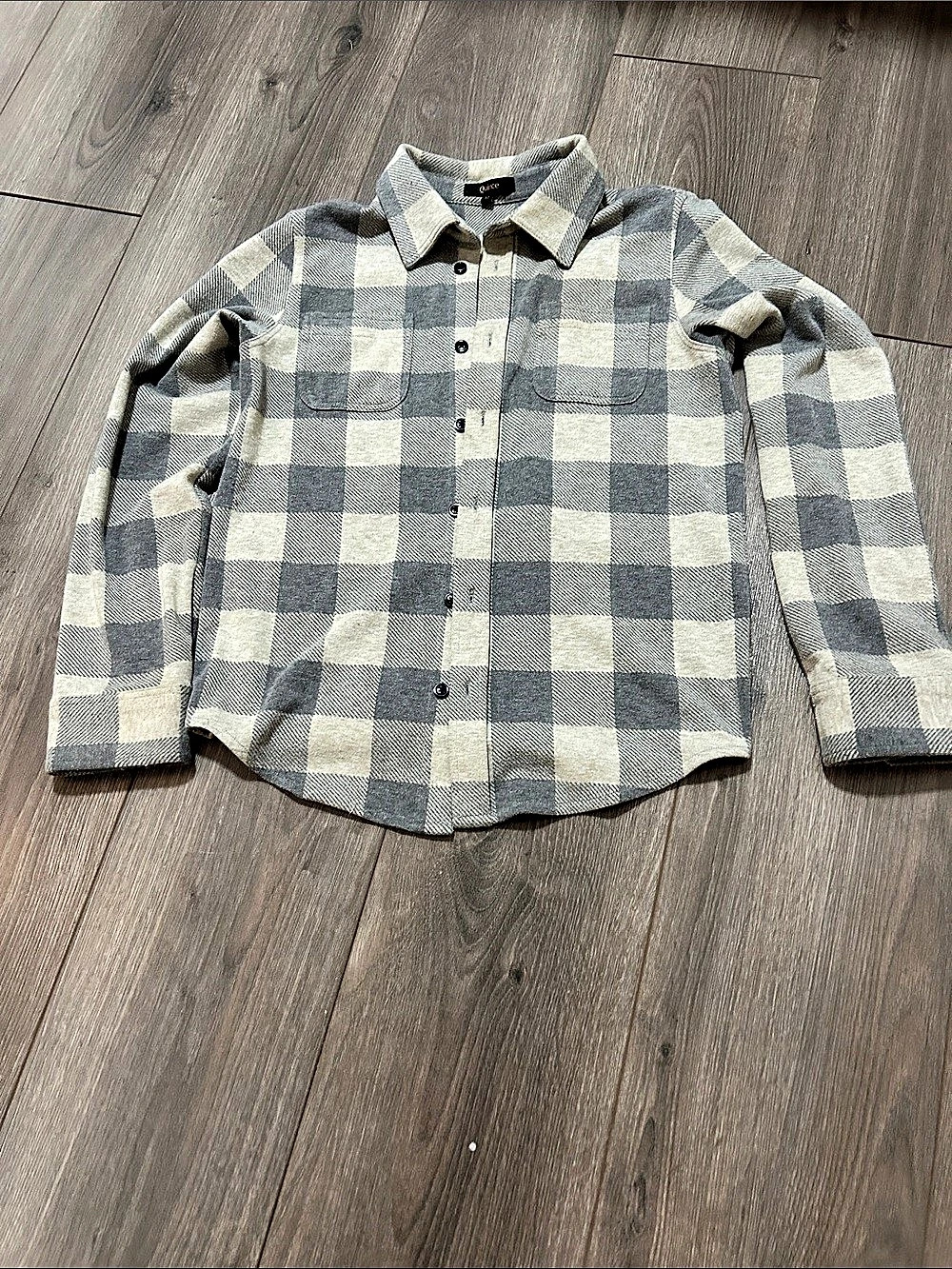 Quince Stretch Sweater Fleece Shirt Plaid Gray & Cream Size 12